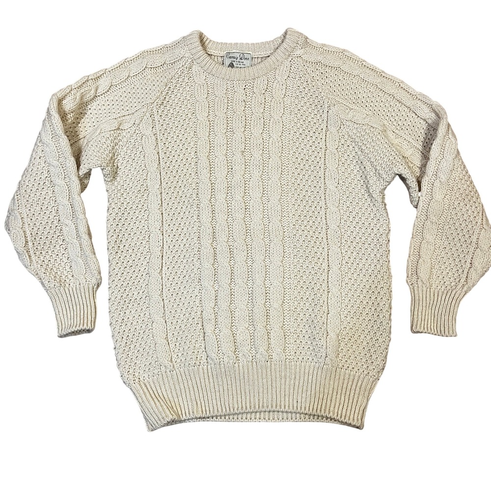 Vintage Carraig Donn Cream Irish Wool Cable Knit Fisherman Sweater M Aran